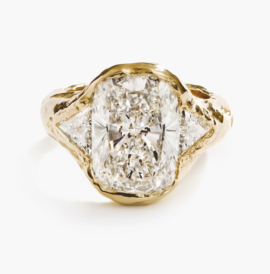 BALANCE: My Ray Trinity Diamond Ring Bold set with ~5ct elongated cushion cut certified lab-grown diamond D/E VVS+ 18k yellow gold band. Ring size: 8.5