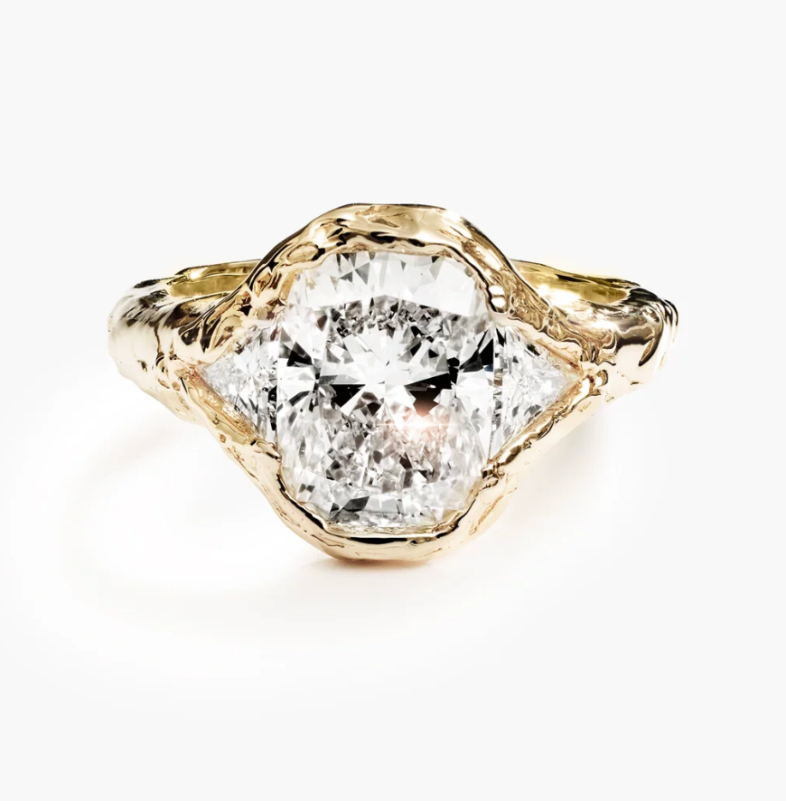 50% NON REFUNDABLE DEPOSIT: My Ray Trinity Diamond Ring Light 14k Yellow Gold set with a ~3ct elongated cushion cut natural diamond + natural diamond triangle side stones